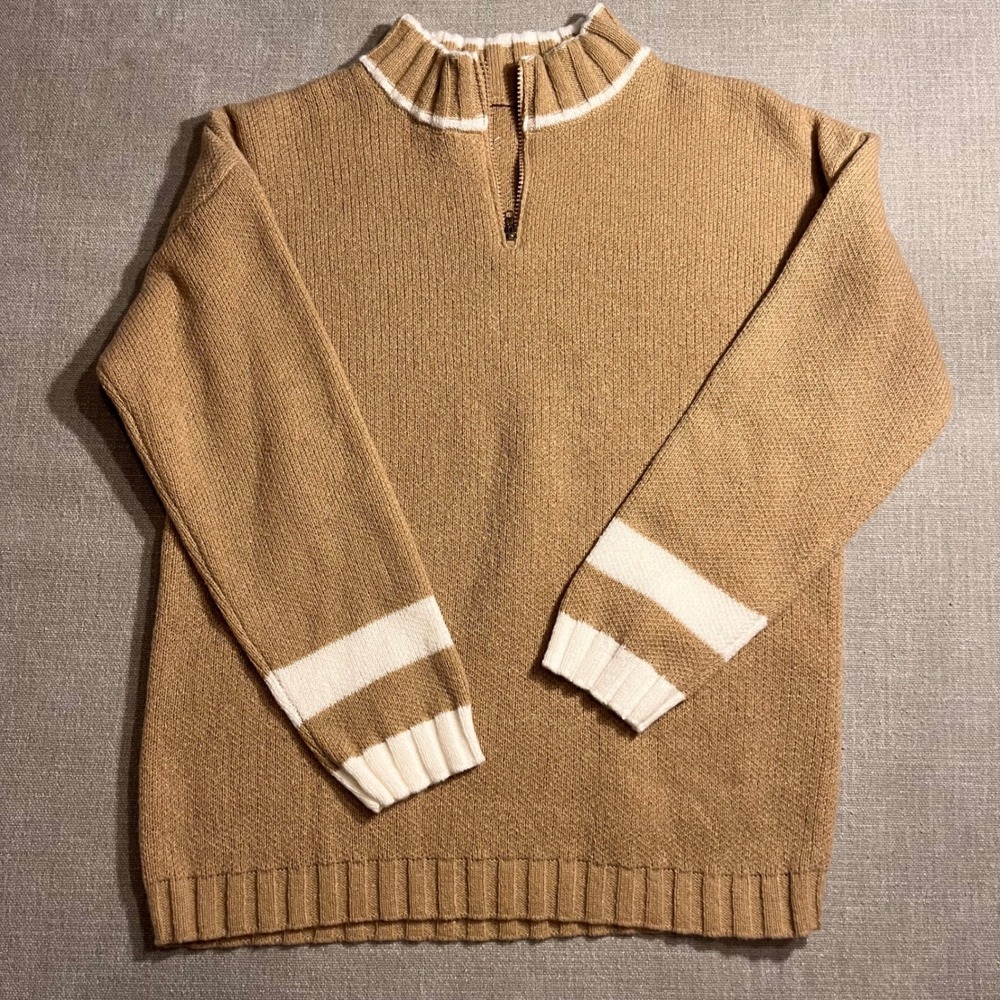 Unisex Tan Quarter Zip Sweater Knit Ribbed Collar Striped Cuffs Medium‎